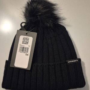 Converse Womens Black Ribbed Hat with Pom